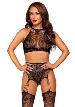 Эротический комплект Leg Avenue Crop top and garter panty Black, топ, трусики с доступом, чулки SO9156 фото