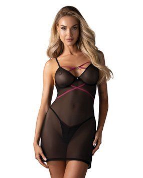 Пеньюар Obsessive Novenes chemise & thong, M/L, облегающий, прозрачный, со стрепами, стринги в компл SX0620 фото