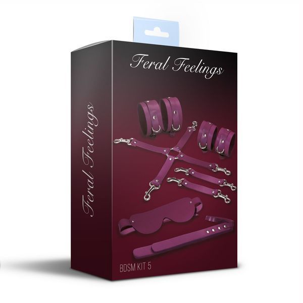 Набор Feral Feelings BDSM Kit 5 Burgundy, наручники, поножи, крестовина, маска, паддл SO8274 фото
